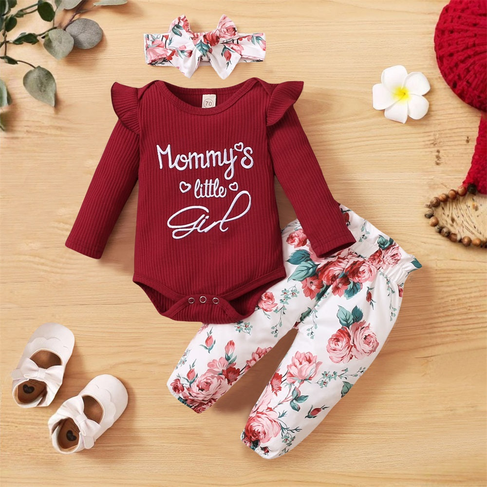 3PCS Mommy's Little Girl Letter Embroidery Floral Print Baby Set