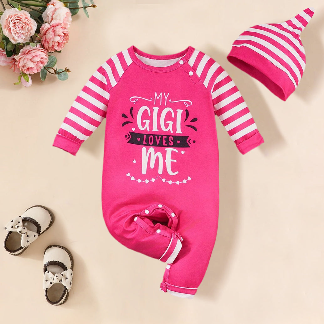 2PCS My GiGi Loves Me Letter Stripe Printed Long Sleeve Baby Jumpsuit