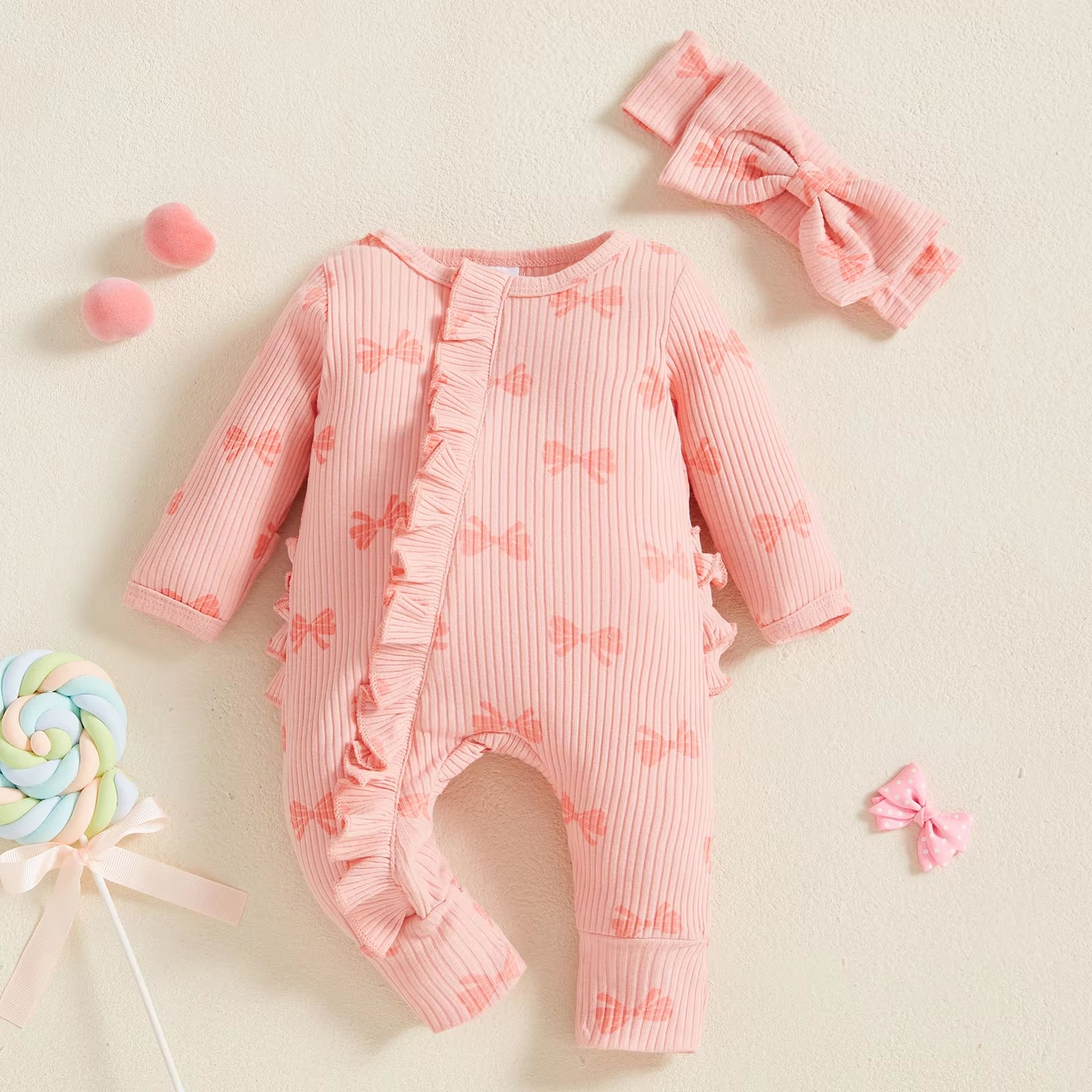 2PCS Cute Bowknot Printed Zipper Long Sleeve Baby Jumpsuit