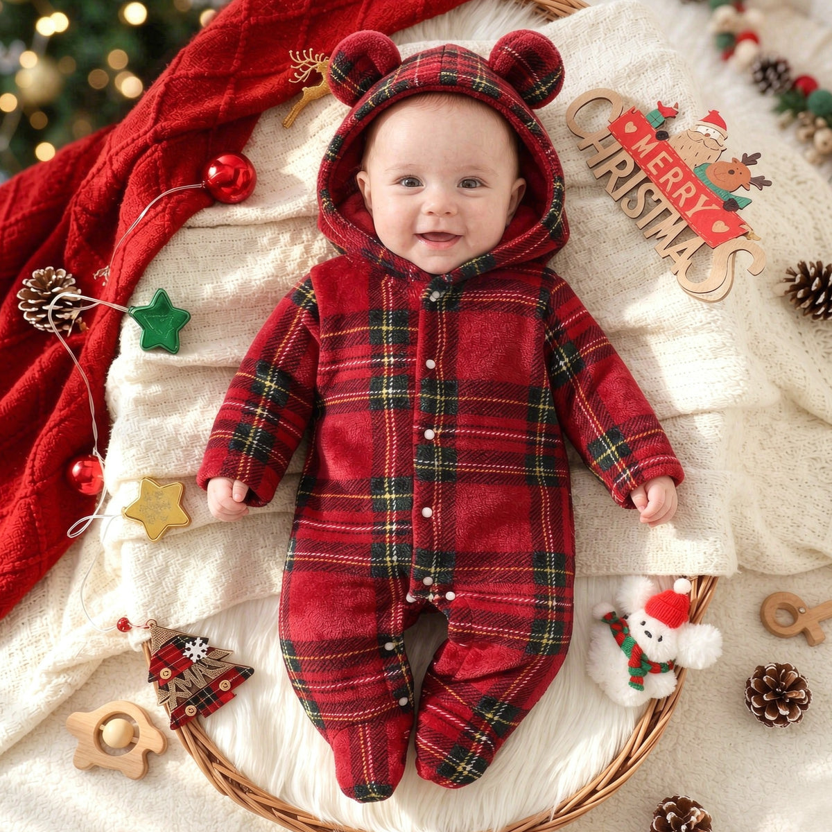 Cute 3D Ear Plaid Printed Long Sleeve Hooded Baby Fleece Jumpsuit