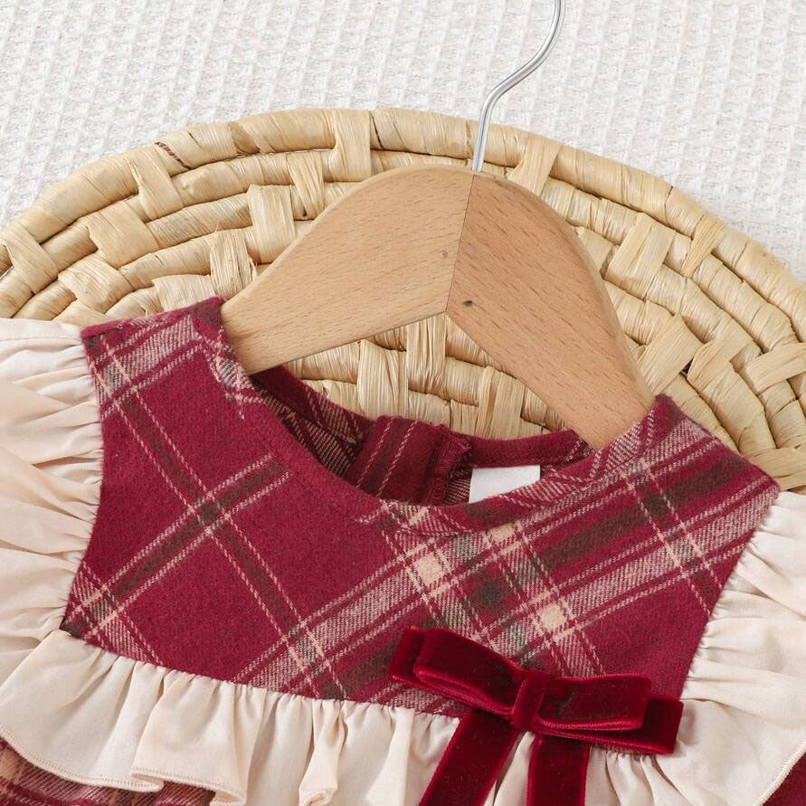 2PCS Refined Plaid Printed Ruffled Long Sleeve Baby Romper