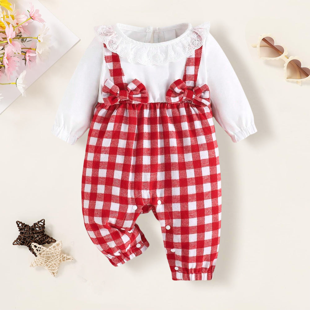 Cute Plaid Printed Ruffle Long Sleeve Baby Jumpsuit