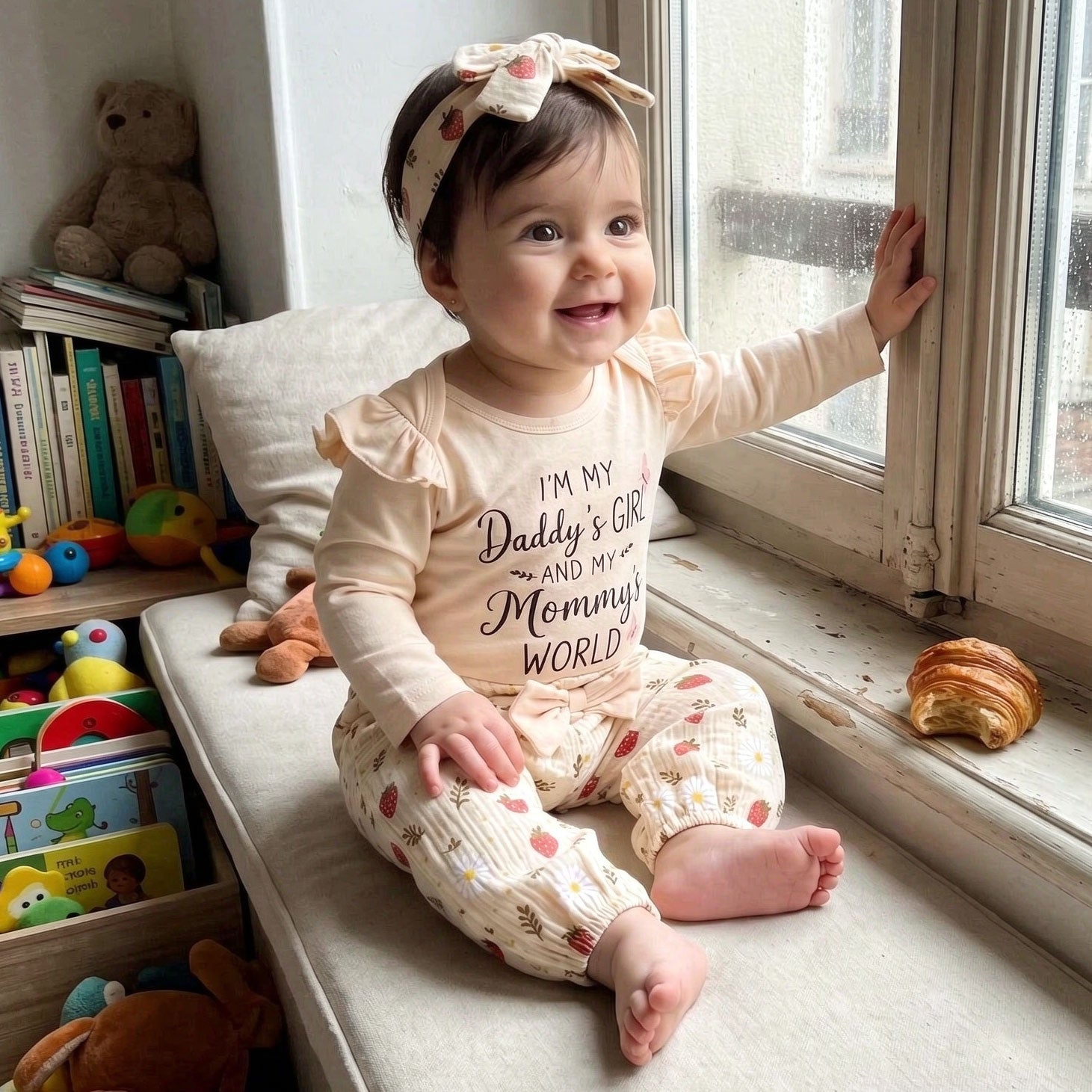 3PCS Daddy's Girl Mommy's World Letter Strawberry Printed Long Sleeve Baby Set