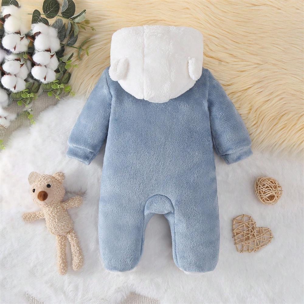 Minimalist Cute Bear Print Long Sleeve Hooded Baby Jumpsuit