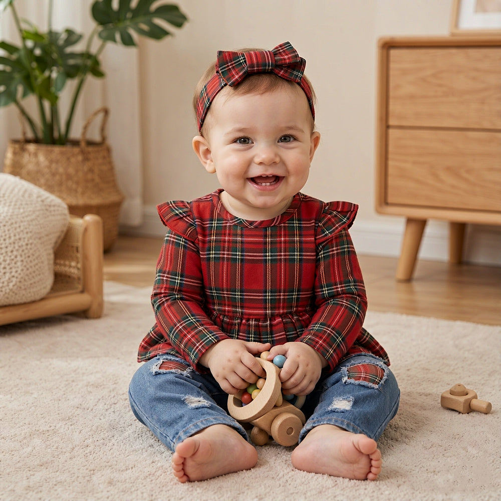 3PCS Plaid Printed Baby Denim Set