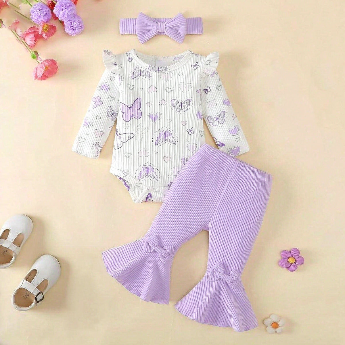 3PCS Lovely Butterfly Print Bowknot Long Sleeve Baby Girl Set