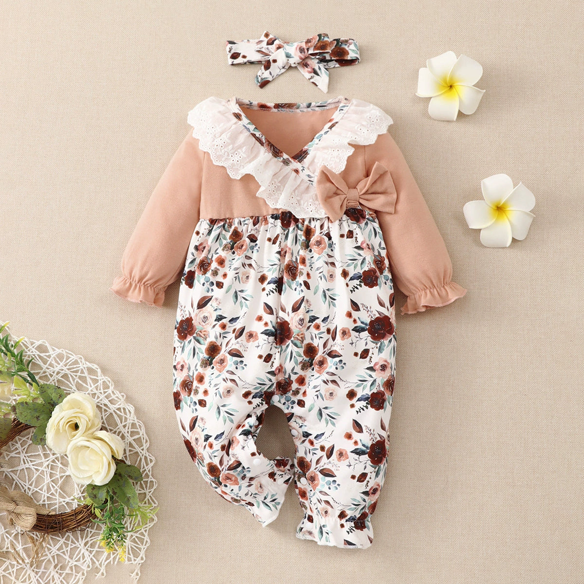 2PCS Pretty Floral Printed Lace Trim Baby Jumpsuit