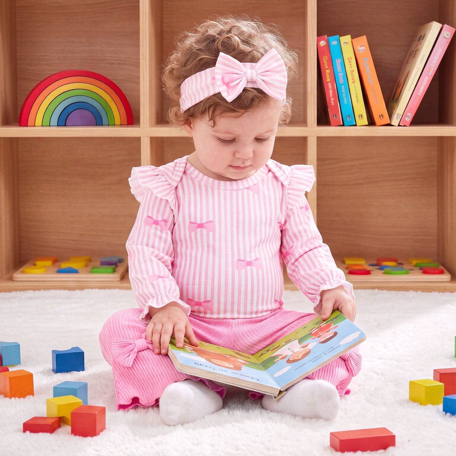 4PCS Lovely Bow Stripe Print Long Sleeve Baby Set