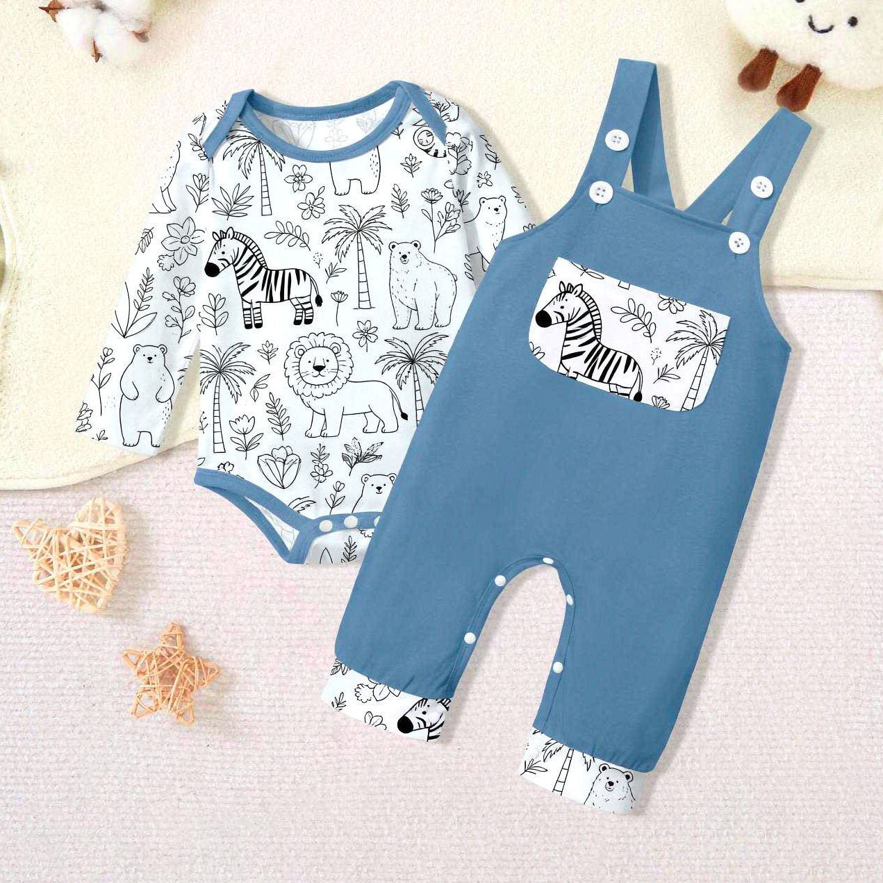 2PCS Cute Animal Print Long Sleeve Overalls Baby Boy Set