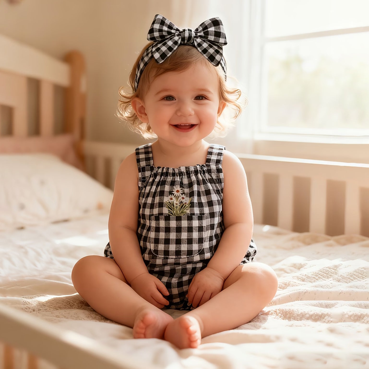 2PCS Cute Daisy & Plaid Printed Sleeveless Baby Romper