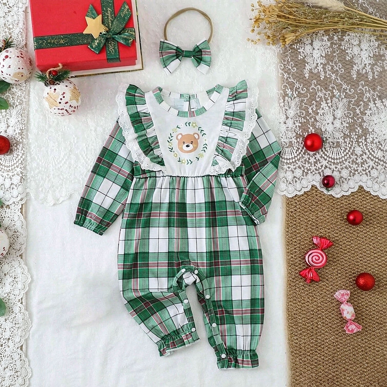 2PCS Adorable Bear Plaid Printed Long Sleeve Baby Jumpsuit