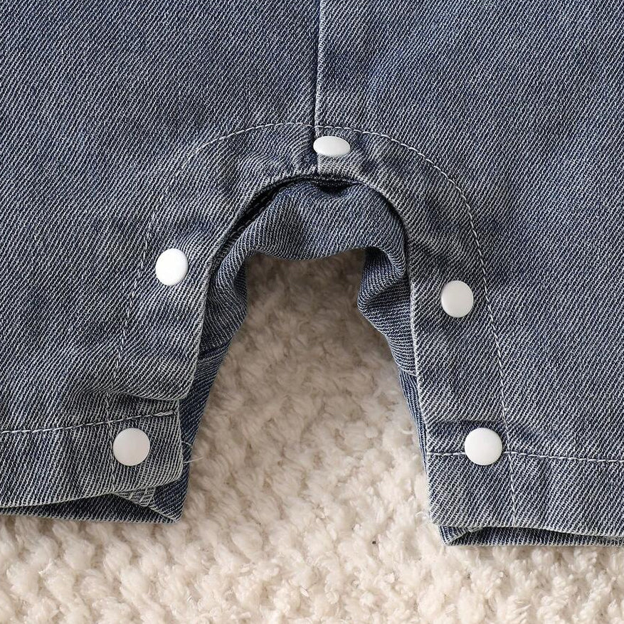 2PCS Cute Teddy Bear Print Denim Short Sleeve Overalls Baby Set