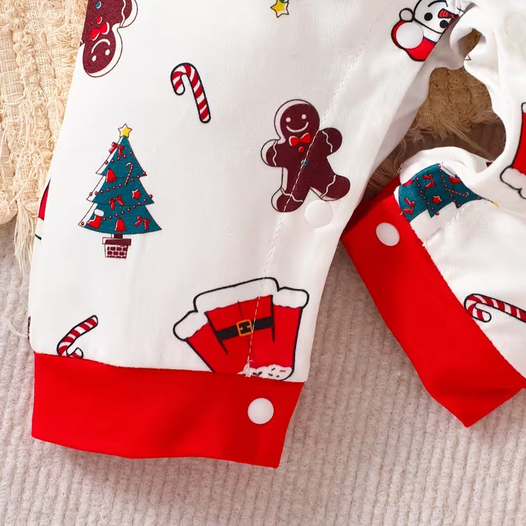 Christmas Snowman Gingerbread Man Print Long Sleeve Baby Jumpsuit