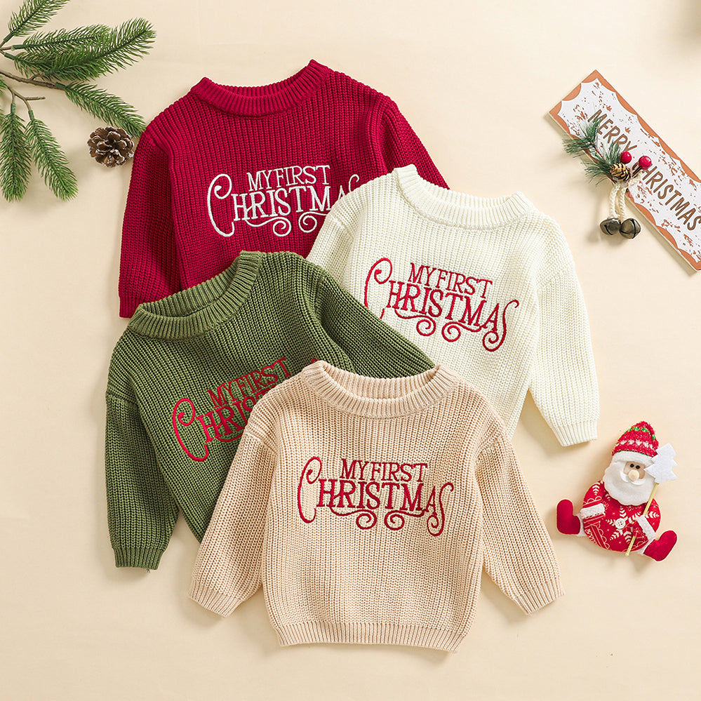 3PCS My First Christmas Letter Printed Knit Long Sleeve Baby Top