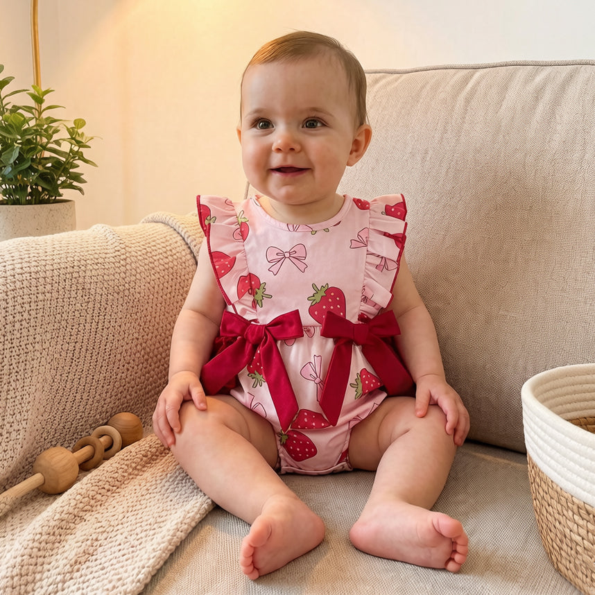 Cute Strawberry and Bow Print Ruffle Sleevelss Baby Romper