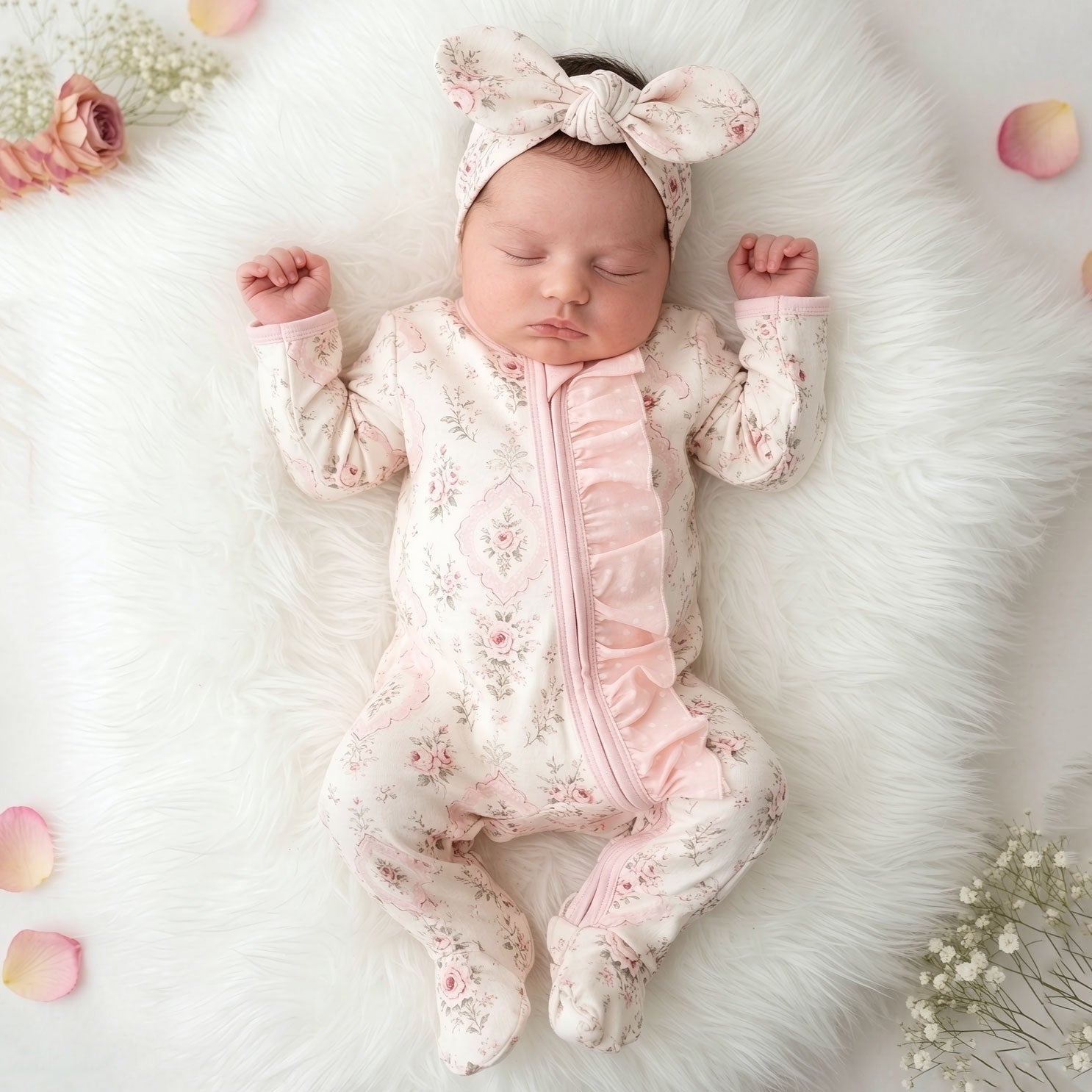 2PCS Sweet Floral Printed Zipper Long Sleeve Baby Jumpsuit