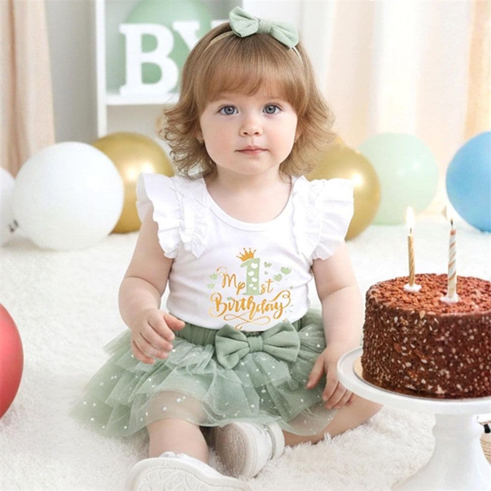 3PCS My 1st Birthday Letter Print Sleeveless Mesh Skirt Baby Set