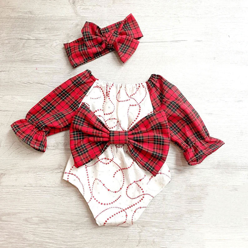 2PCS Lovely Christmas Plaid Printed Long Sleeve Baby Romper