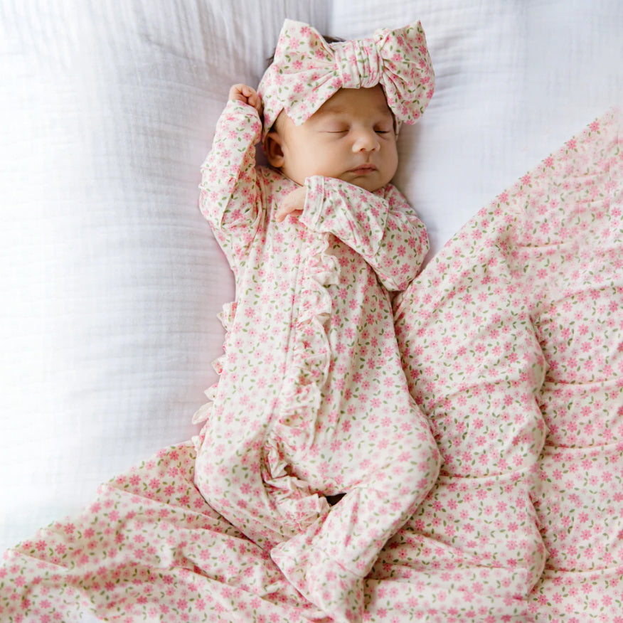 2PCS Sweet Floral Print Ruffle Long Sleeve Baby Jumpsuit