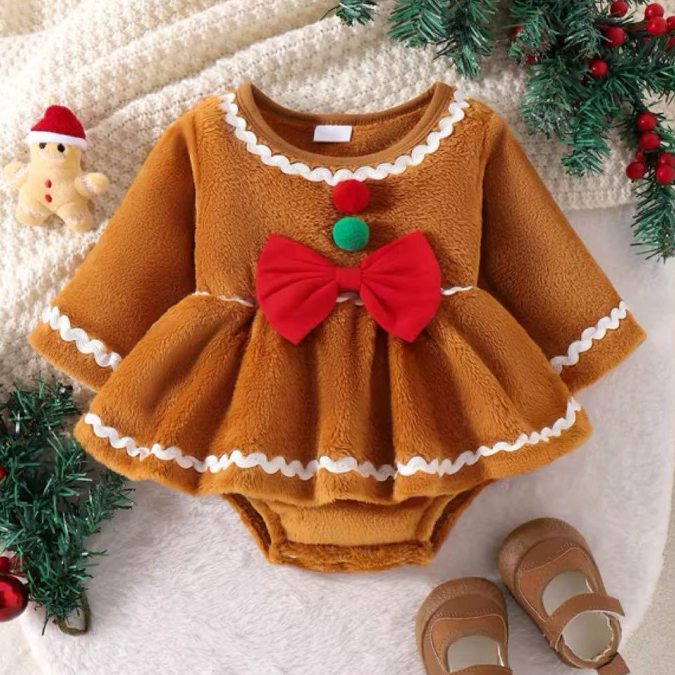 Christmas Solid Color Plush Long Sleeve Baby Romper