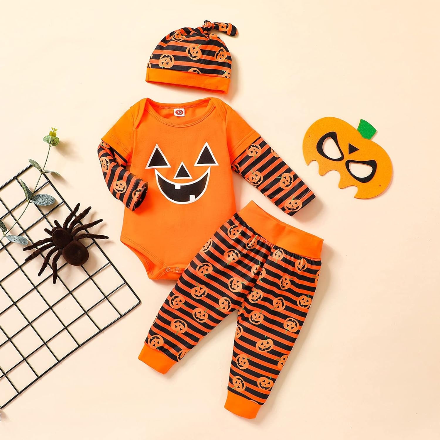 3PCS Halloween Pumpkin Stripe Printed Baby Set