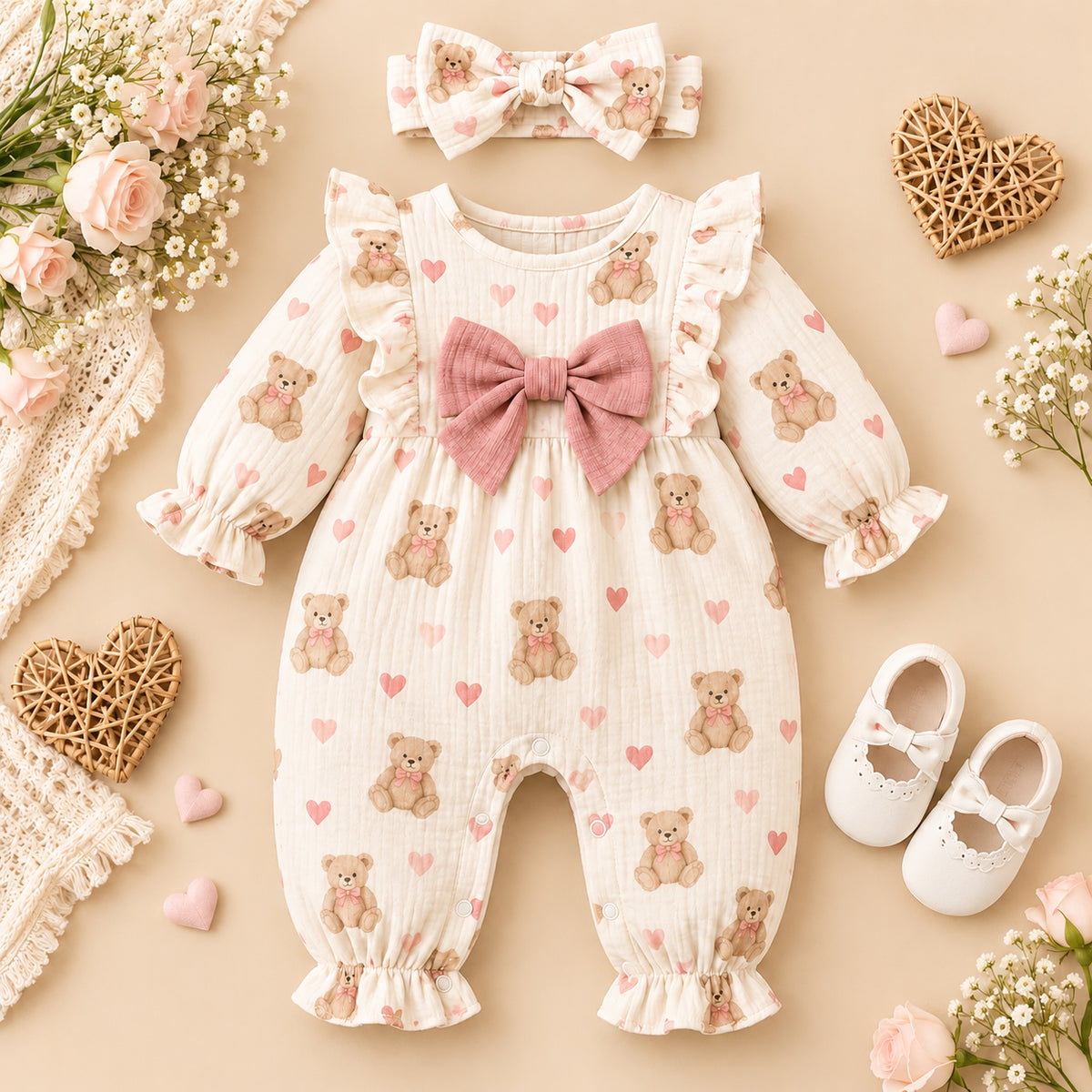 2PCS Charming Teddy Bear Heart Print Long Sleeve Baby Girl Jumpsuit