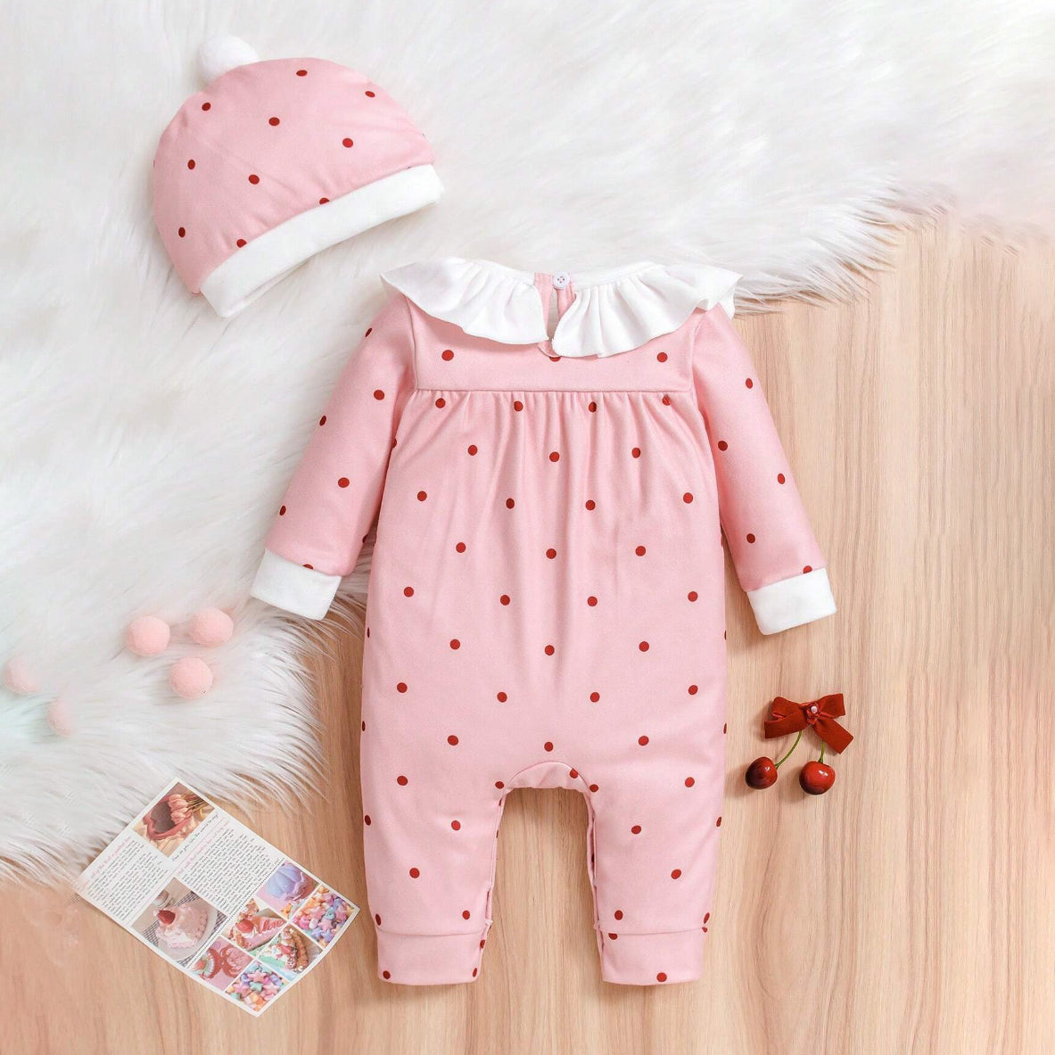 2PCS Cherry Polka Dot Printed Baby Jumpsuit