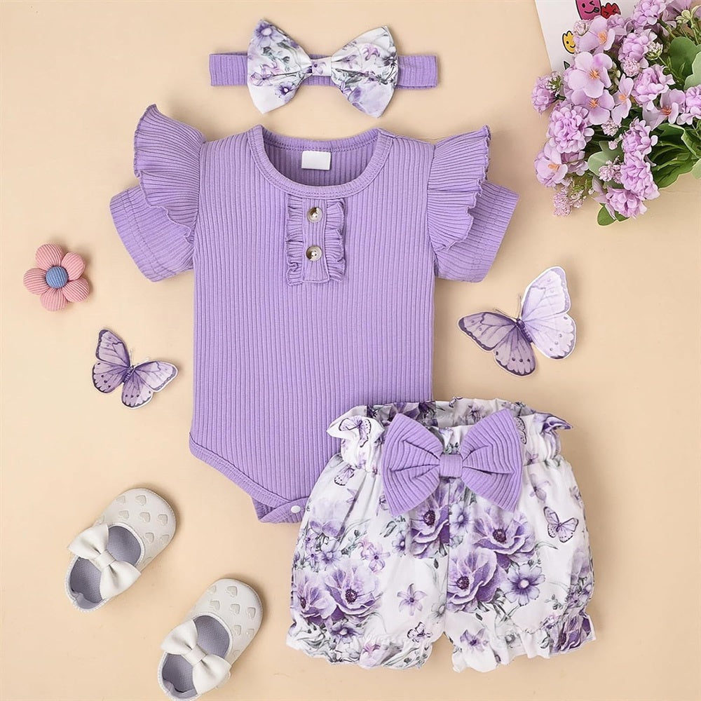 3PCS Stylish Floral Printed Ruffled Short Sleeve Baby Set