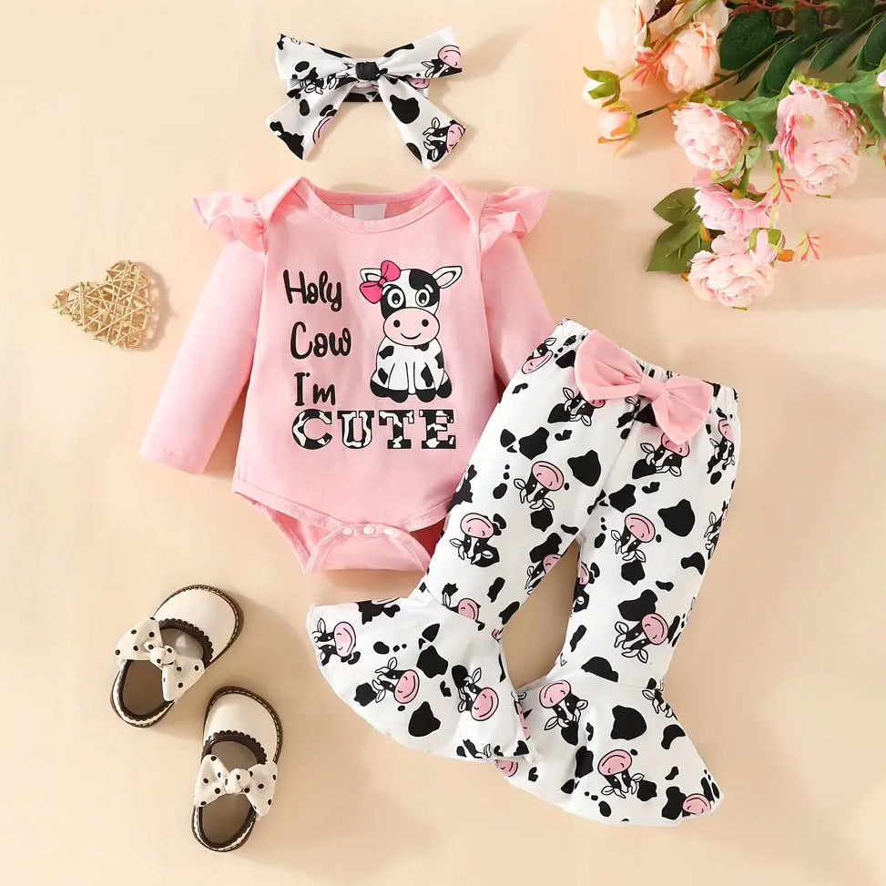 3PCS Holy Cow I'm Cute Letter and Cow Printed Long Sleeve Baby Flared Pants Set