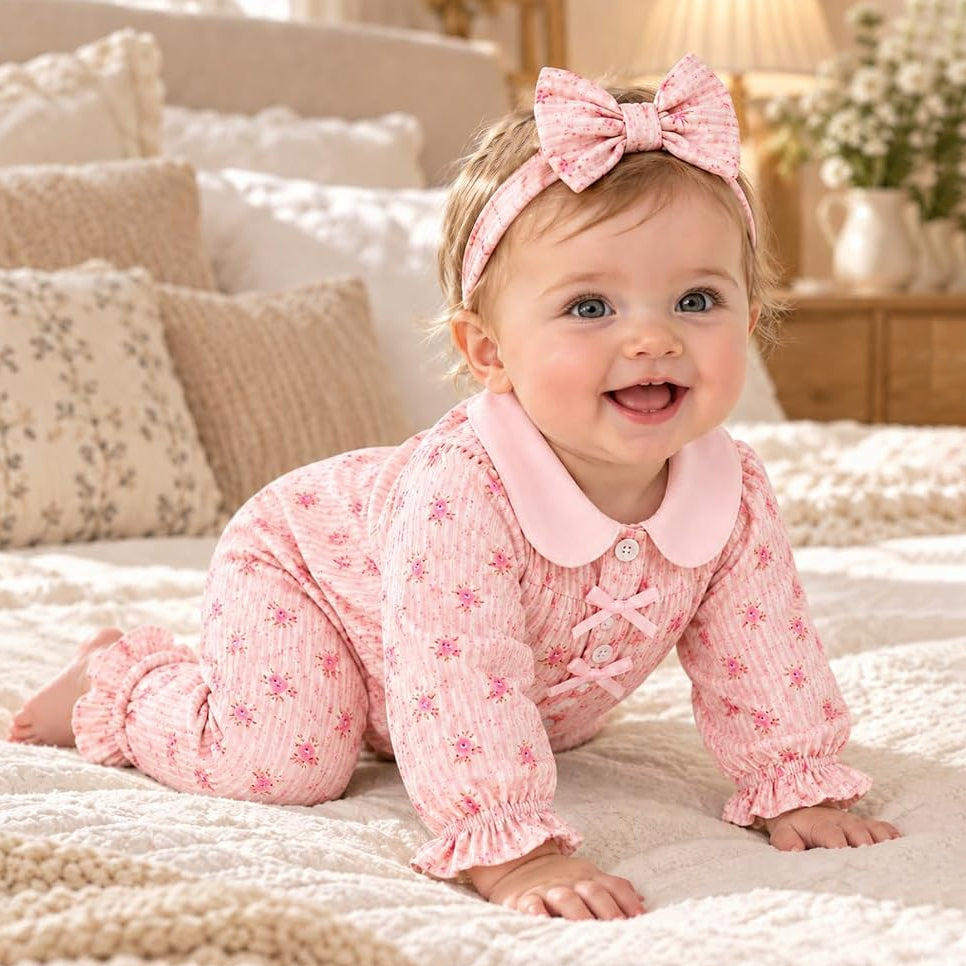 2PCS Delightful Baby Girl Ditsy Floral Print Long Sleeve Jumpsuit