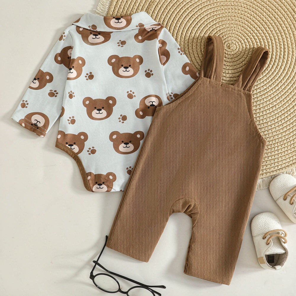2PCS Adorable Bear Applique Long Sleeve Baby Overalls Set