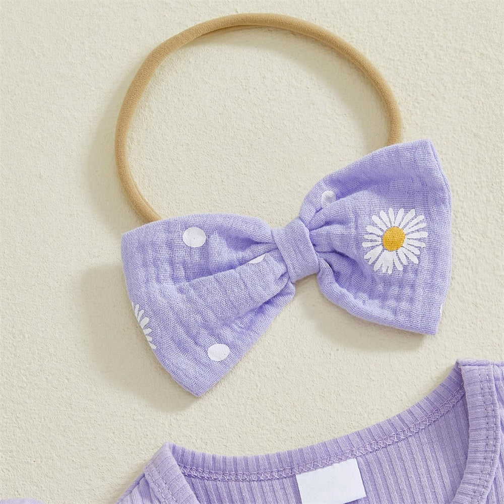 3PCS She's Here Letter Embroidery Floral Printed Fly Sleeve Baby Set