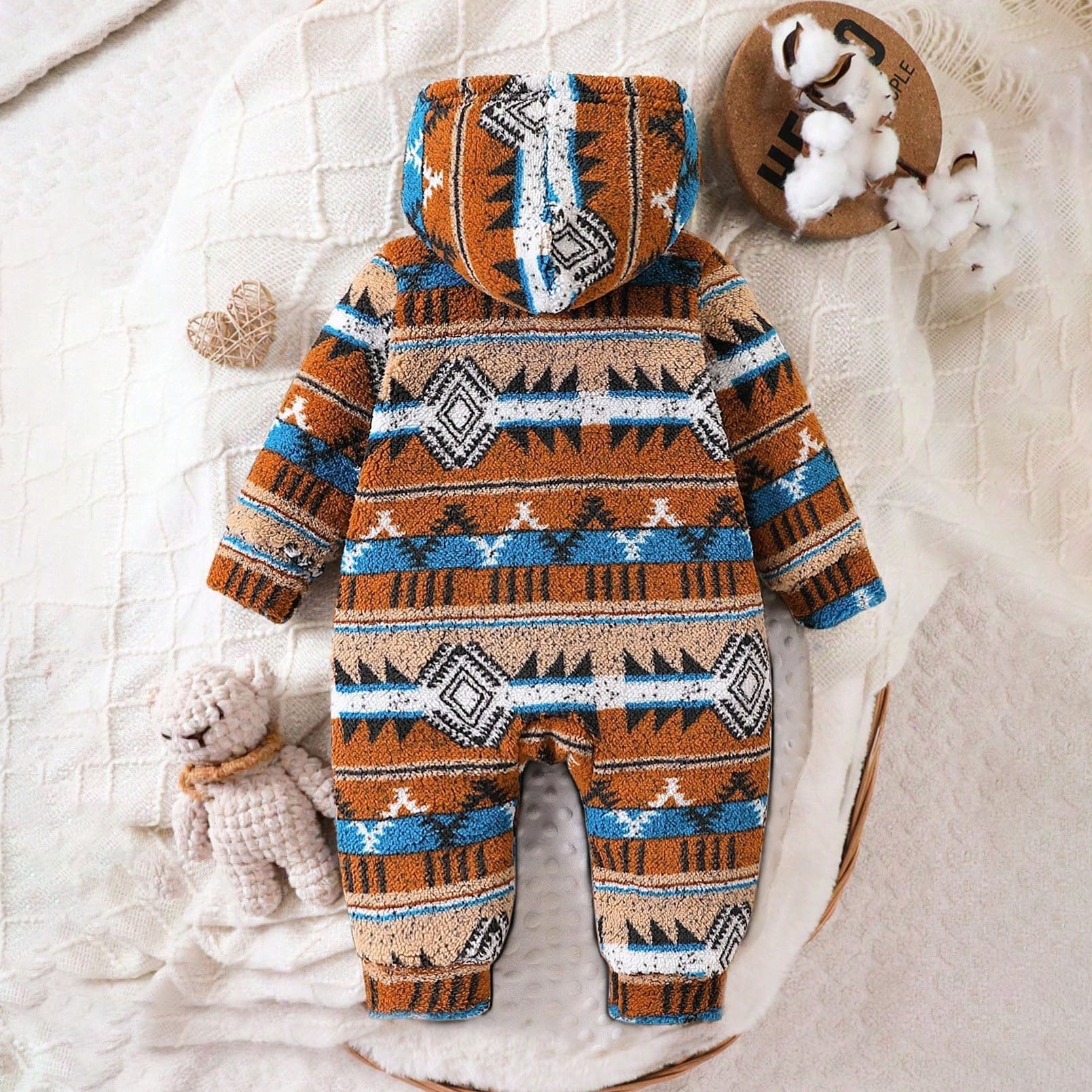 Fuzzy Geometric Patterns Printed Hoodie Baby Jumpsuit