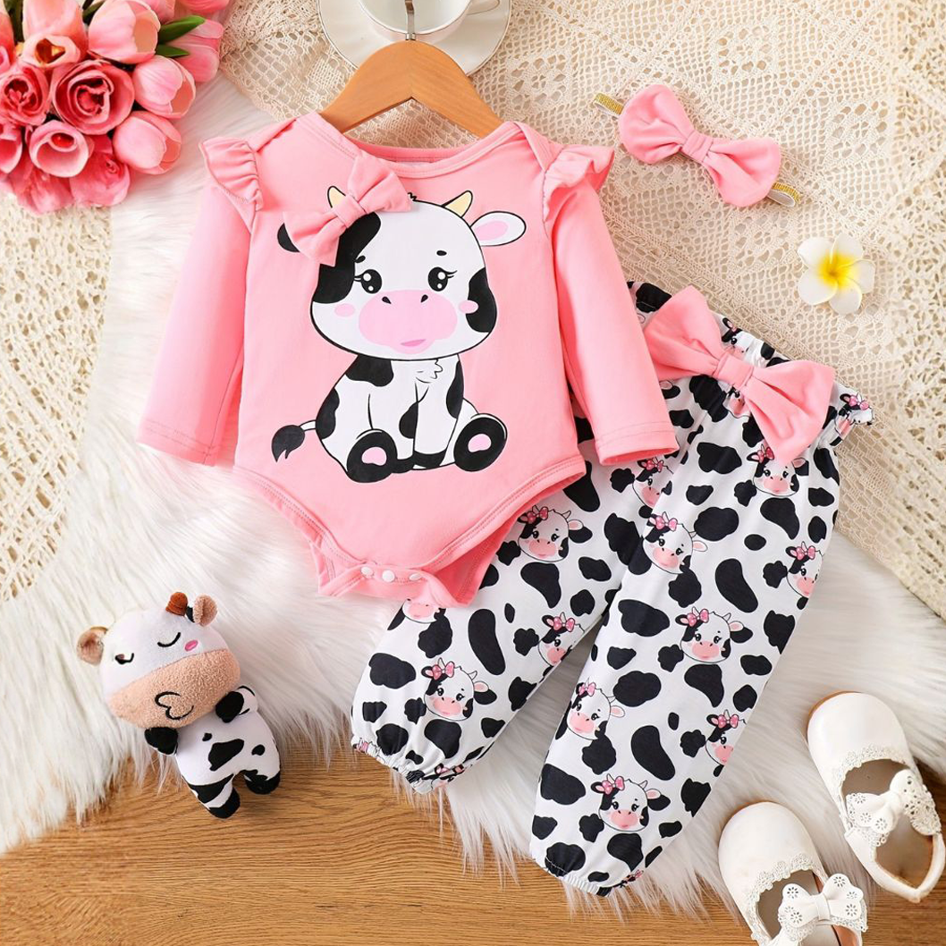 3PCS Adorable Cow Print Long Sleeve Baby Girl Set