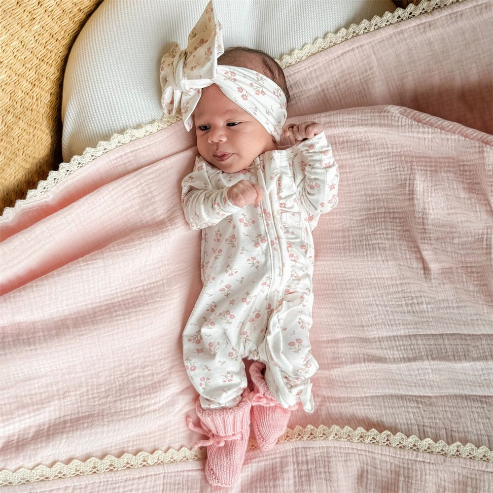 2PCS Pretty Floral Print Long Sleeve Frill Baby Jumpsuit