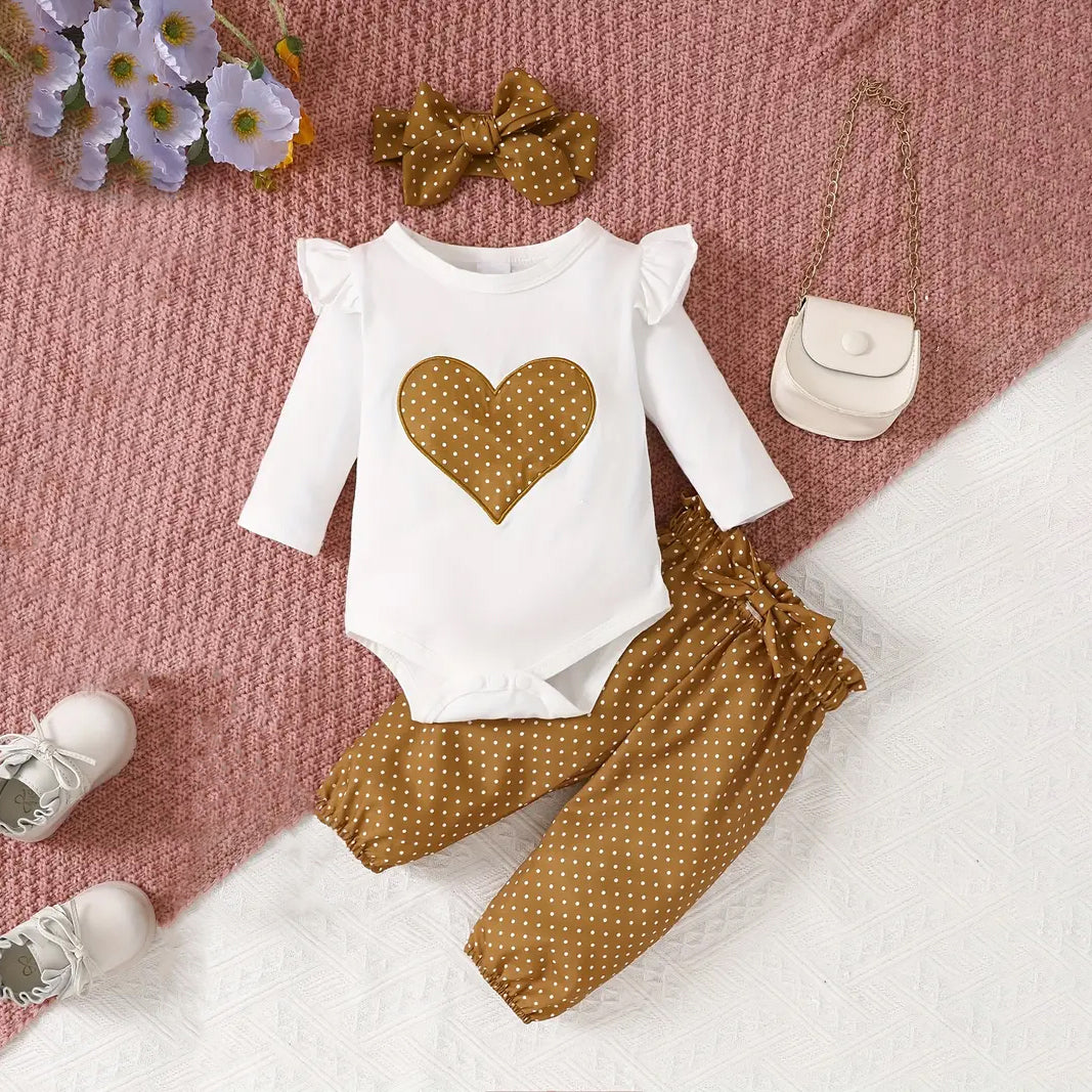 3PCS Stylish Heart Polka Dot Printed Long Sleeve Baby Set