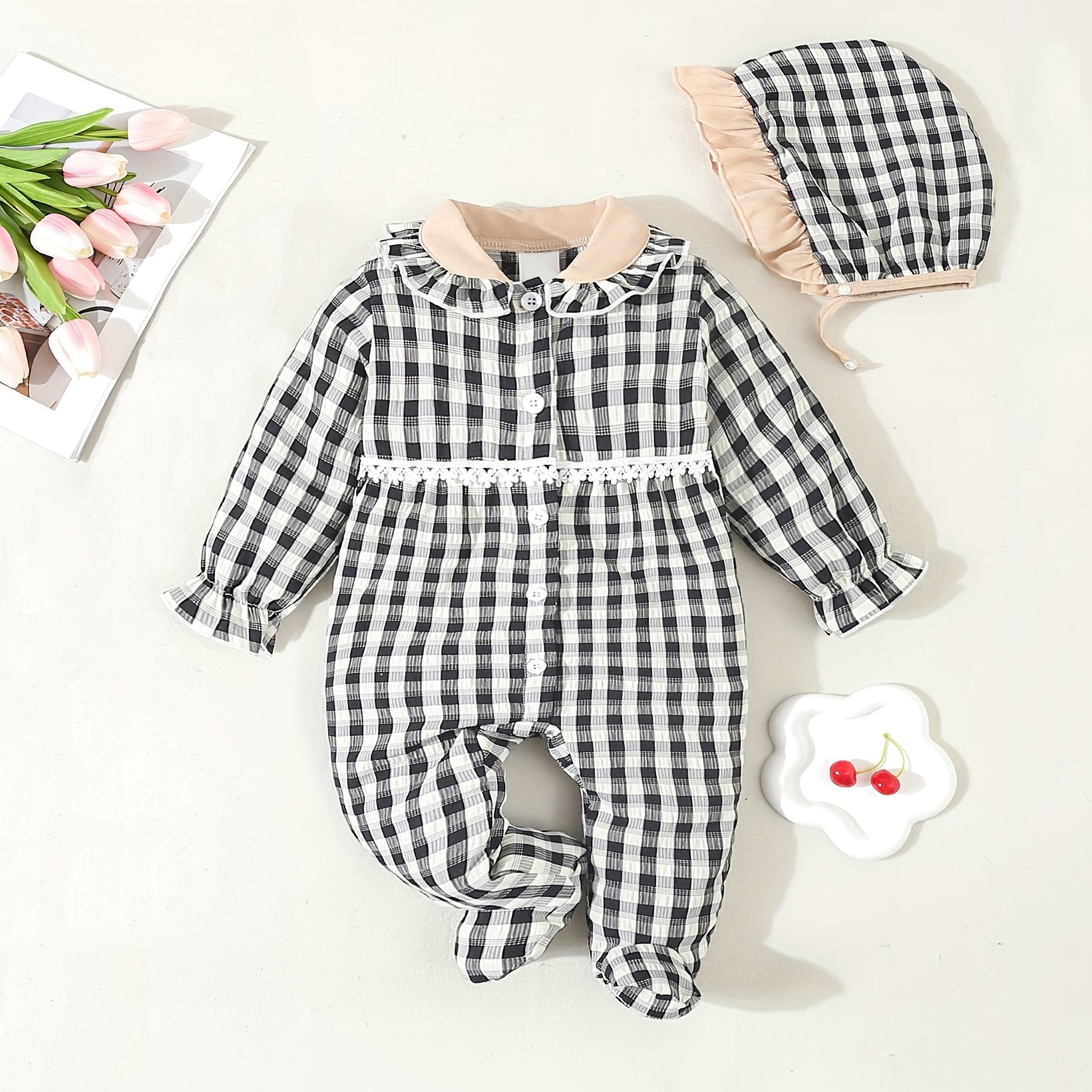 2PCS Casual Floral Embroidery Gingham Long Sleeve Jumpsuit