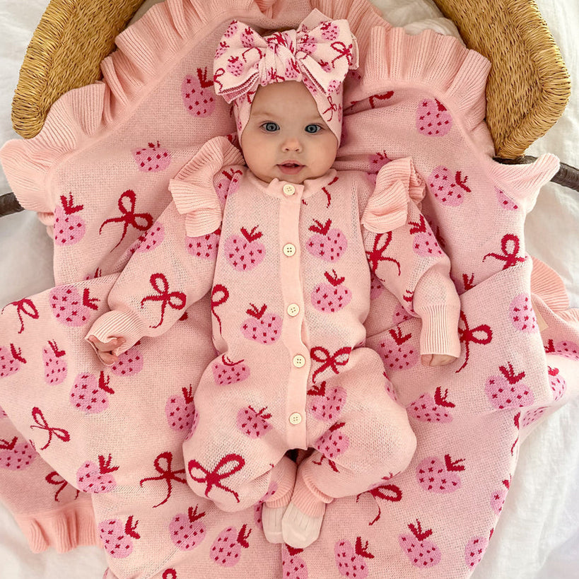 Soft Frill Knit Strawberry Bow Print Long Sleeve Baby Jumpsuit