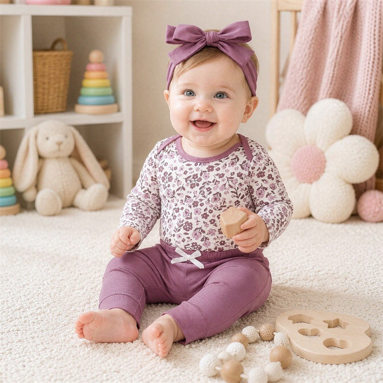 3PCS Dreamy Floral Printed Long Sleeve Baby Girl Set