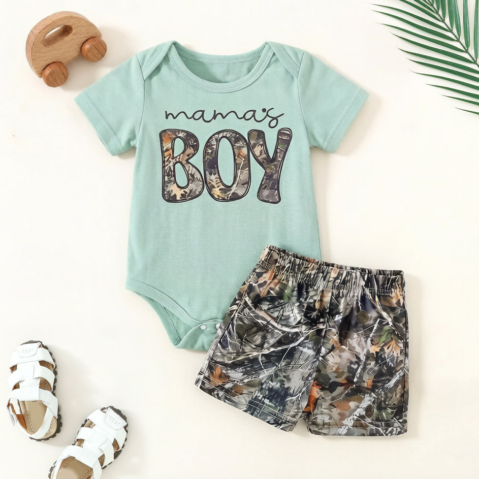 2PCS Mama's Boy Letter Woodland Camo Print Short Sleeve Baby Set