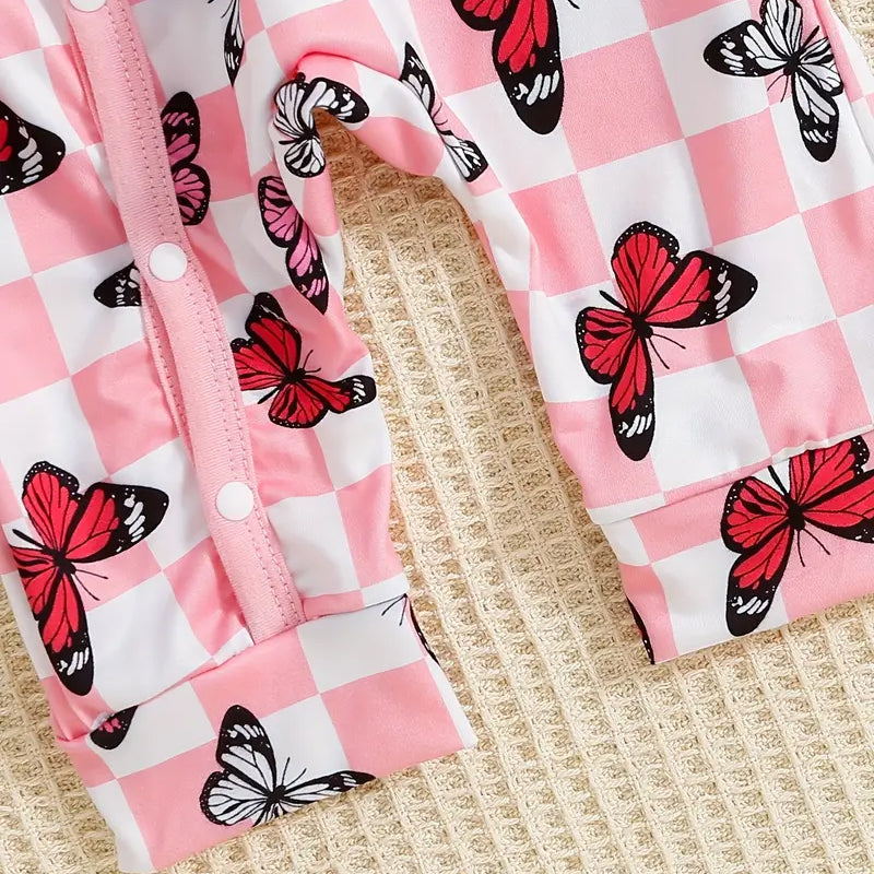 2PCS Sweet Butterfly Plaid Printed Long Sleeve Baby Jumpsuit