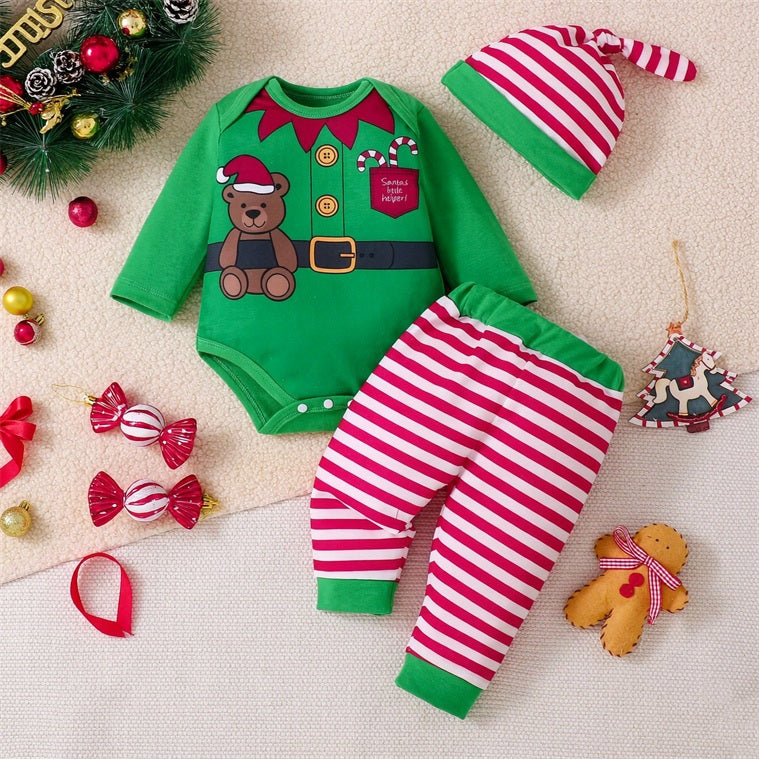3PCS Christmas Bear Stripe Print Long Sleeve Baby Set