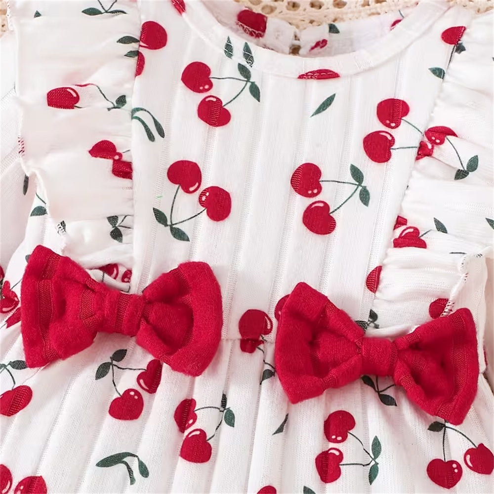 2PCS Timeless Cherry Print Long Sleeve Baby Jumpsuit