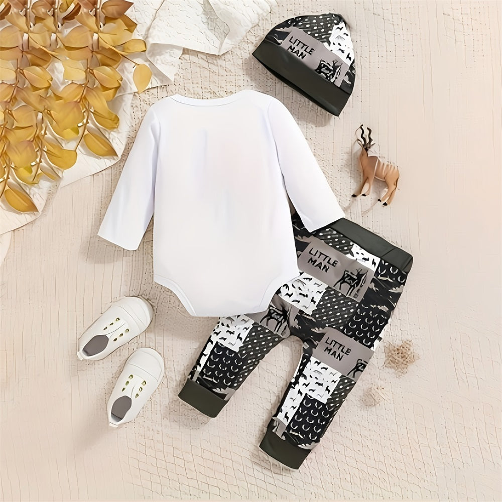 3PCS Daddy's Little Man Letter Deer Print Baby Set