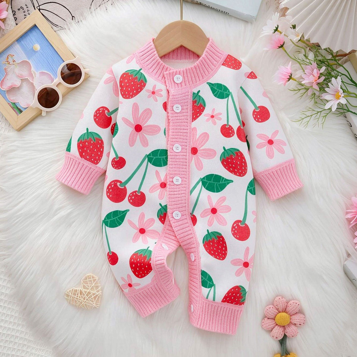 Sweet Strawberry Floral Printed Knit Long Sleeve Baby Jumpsuit