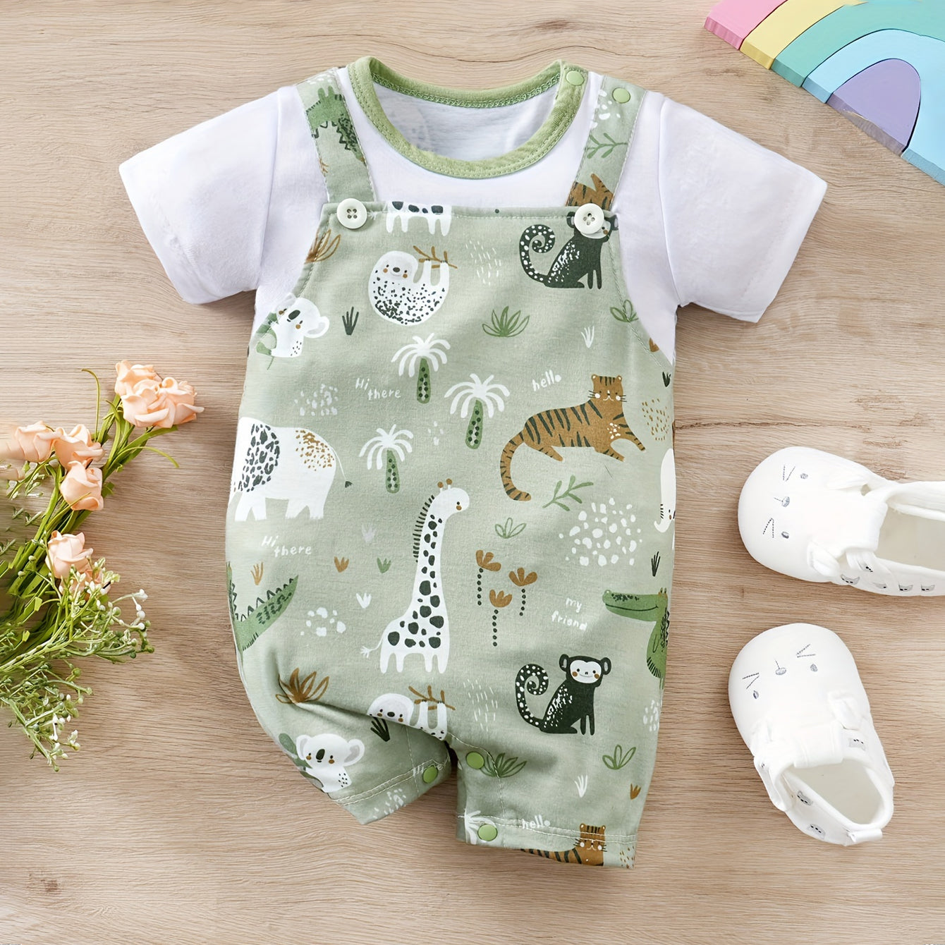 Colorful Cartoon Animal Printed Short Sleeve Baby Jumpsuit