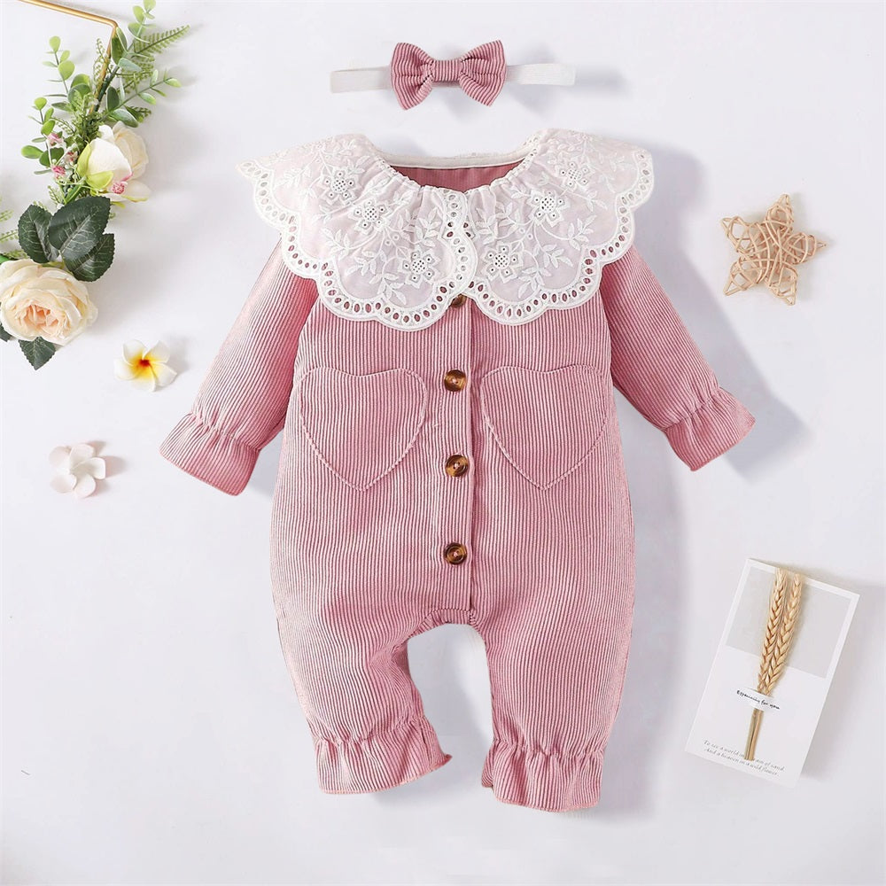 2PCS Trend Solid Color Ruffle Trim Long Sleeve Baby Jumpsuit