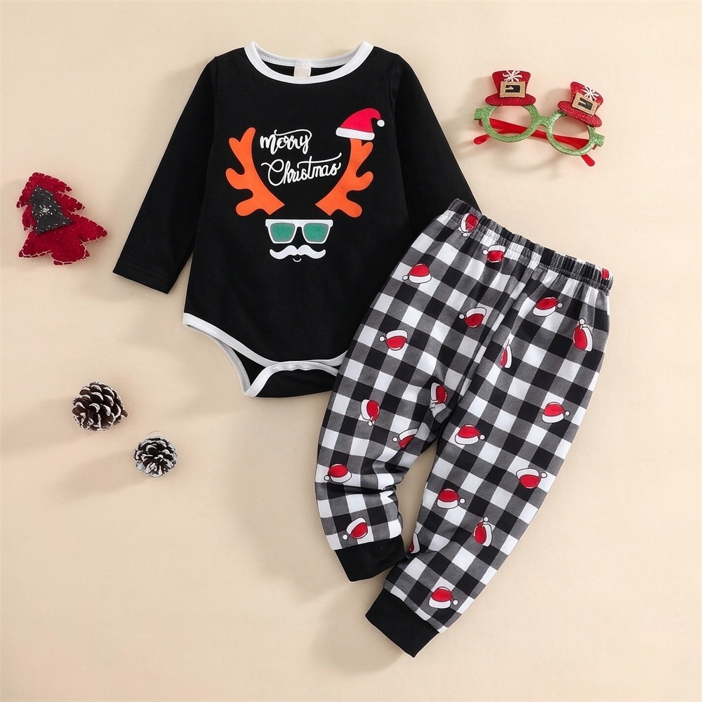 2PCS Adorable Merry Christmas Letter Plaid Santa Hat Printed Baby Set