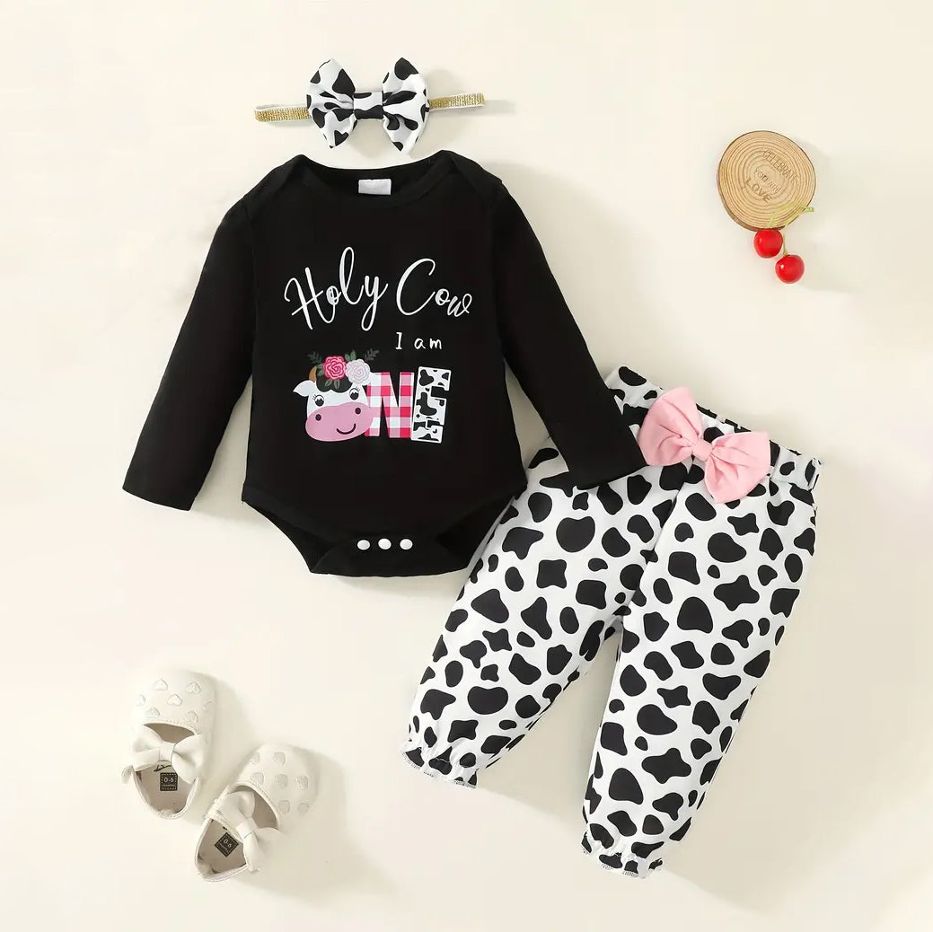 3PCS Holy Cow I AM ONE Cow Printed Long Sleeve Baby Set