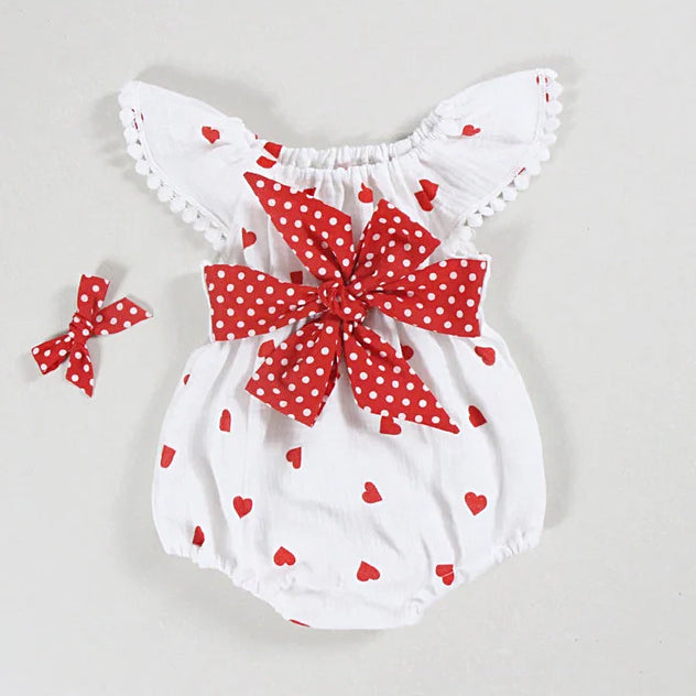 Cute Heart Print Bowknot Flutter Sleeve Baby Romper